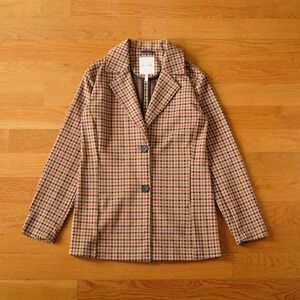 Avec Les Filles Oversized Houndstooth Knit Blazer Women's XS Brown Red Plaid